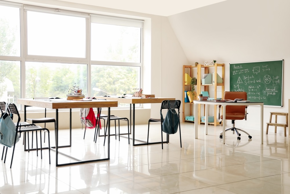 Interior of classroom with desks