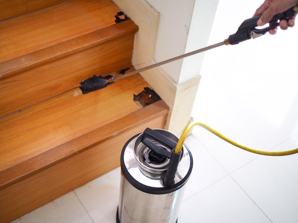 Pest control technician using equipment and liquid to dispose Termite infested wood inside house