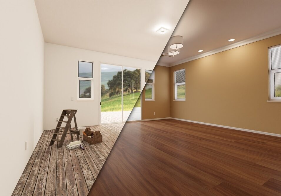Unfinished Raw and Newly Remodeled Room of House Before and After with Wood Floors Unfinished Raw and Newly Remodeled Room of House Before and After with Wood Floors