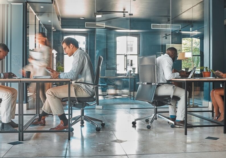 Coworking space, office and sharing desk in corporate workplace Coworking space, office and sharing desk in corporate workplace