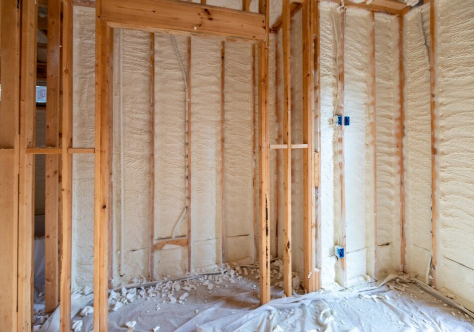 Walls with spray foam insulation in new house construction Walls with spray foam insulation in new house construction